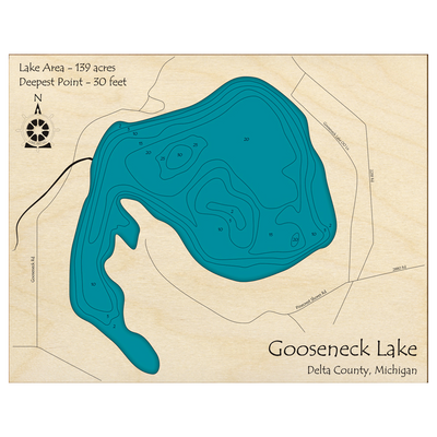 Bathymetric topo map of Gooseneck Lake, MI with roads, towns and depths noted in blue water.