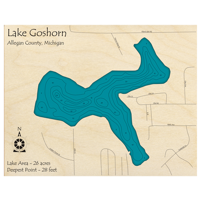 Bathymetric topo map of Lake Goshorn, MI with roads, towns and depths noted in blue water.