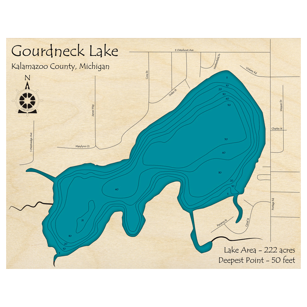 Bathymetric topo map of Gourdneck Lake, MI with roads, towns and depths noted in blue water.