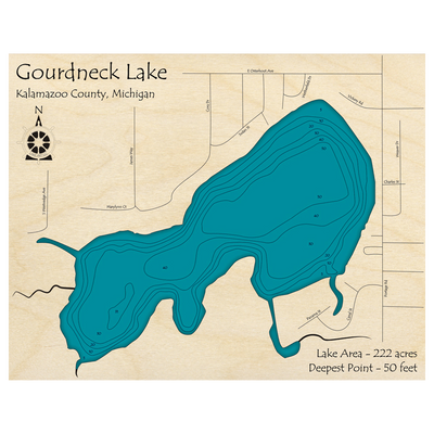 Bathymetric topo map of Gourdneck Lake, MI with roads, towns and depths noted in blue water.