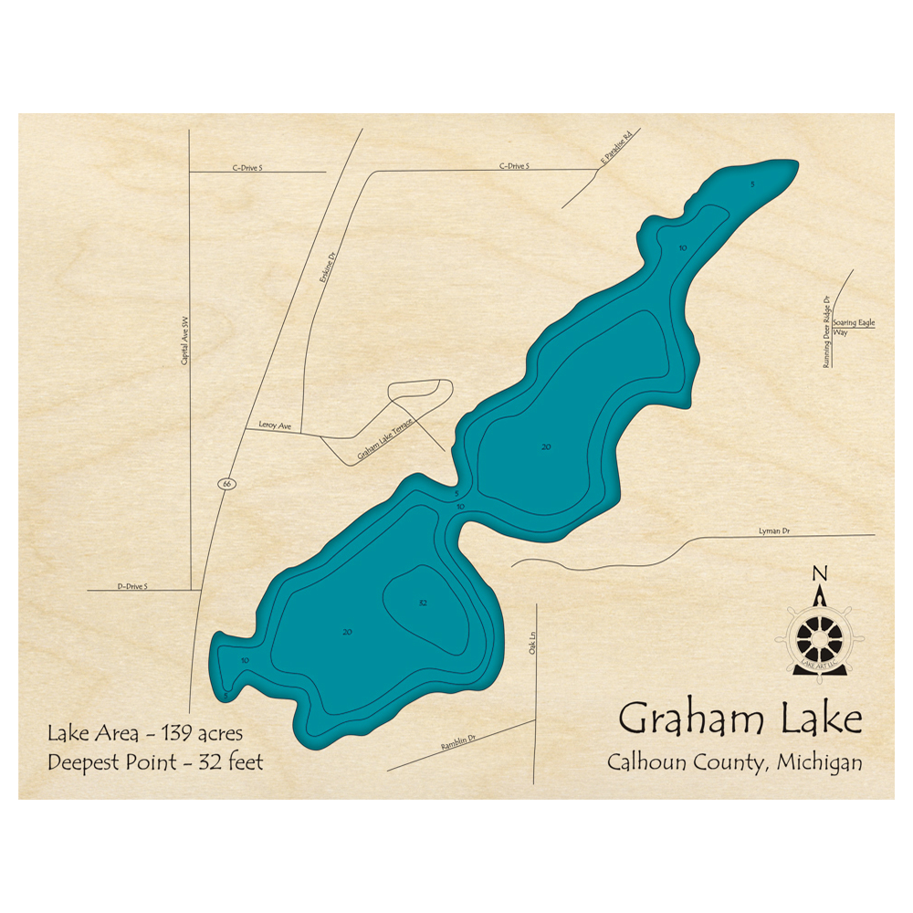 Bathymetric topo map of Graham Lake, MI with roads, towns and depths noted in blue water.