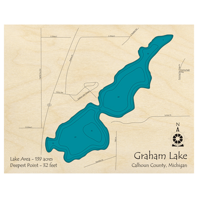 Bathymetric topo map of Graham Lake, MI with roads, towns and depths noted in blue water.