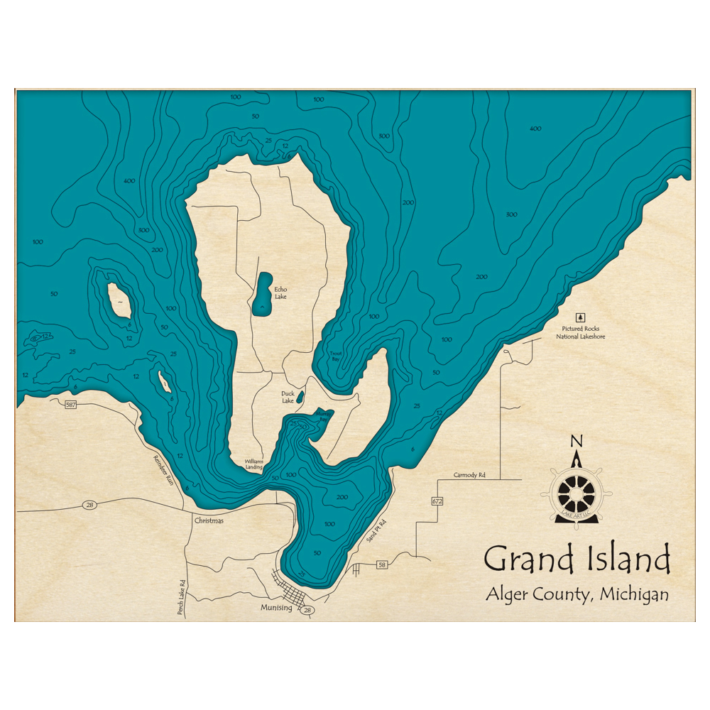 Bathymetric topo map of Grand Island, MI with roads, towns and depths noted in blue water.