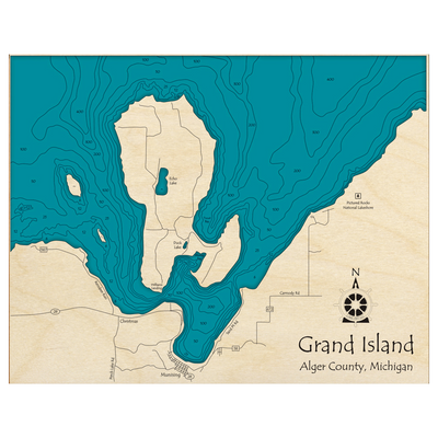 Bathymetric topo map of Grand Island, MI with roads, towns and depths noted in blue water.