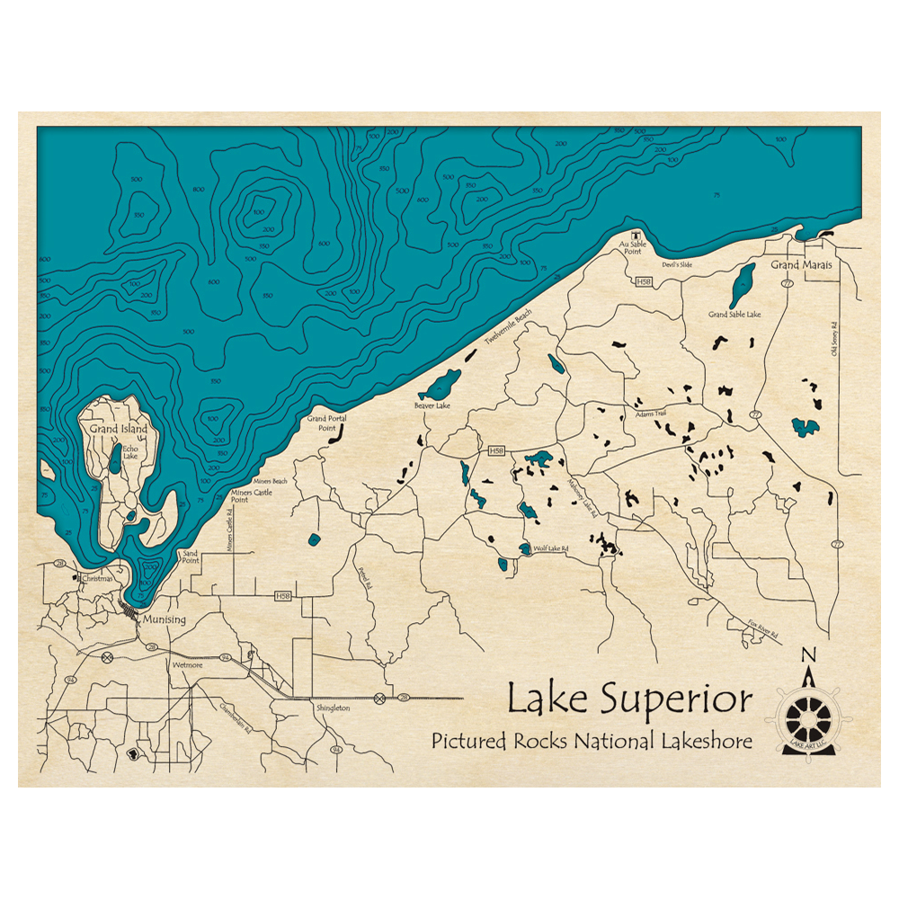 Bathymetric topo map of Pictured Rocks National Lake Shore, MI with roads, towns and depths noted in blue water.