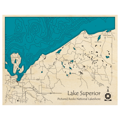 Bathymetric topo map of Pictured Rocks National Lake Shore, MI with roads, towns and depths noted in blue water.