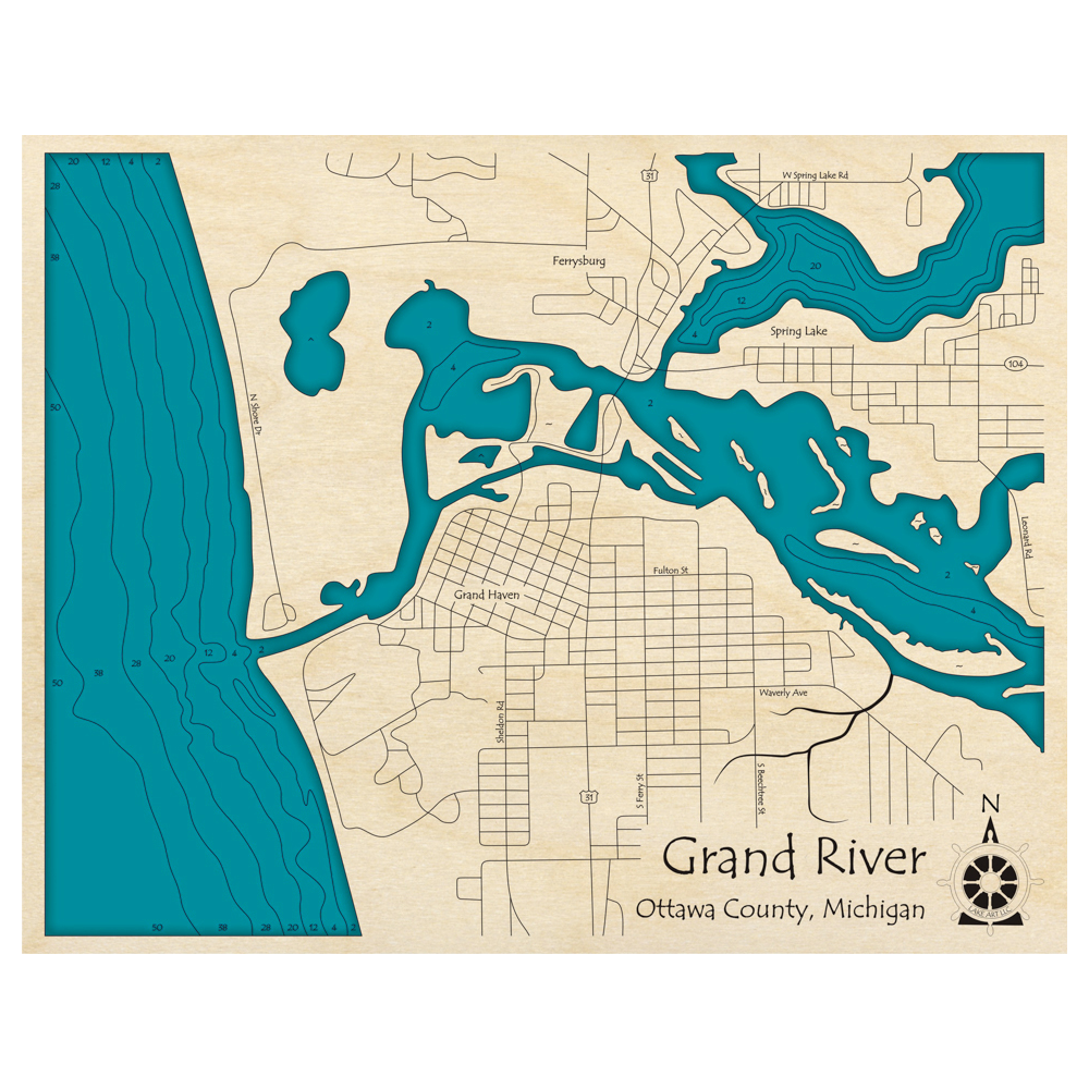 Bathymetric topo map of Grand River at Lake Michigan, MI with roads, towns and depths noted in blue water.