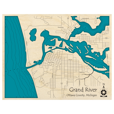 Bathymetric topo map of Grand River at Lake Michigan, MI with roads, towns and depths noted in blue water.