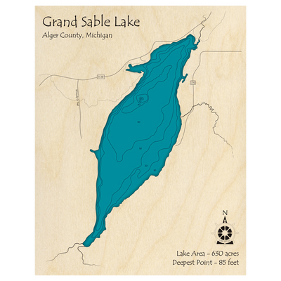 Bathymetric topo map of Grand Sable Lake, MI with roads, towns and depths noted in blue water.