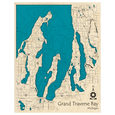 Bathymetric topo map of Grand Traverse Bay, MI with roads, towns and depths noted in blue water.