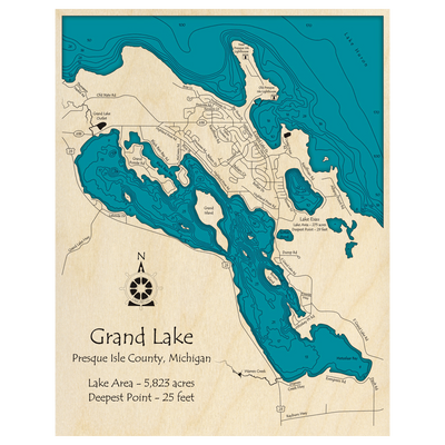 Bathymetric topo map of Grand Lake, MI with roads, towns and depths noted in blue water.