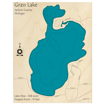 Bathymetric topo map of Grass Lake, MI with roads, towns and depths noted in blue water.