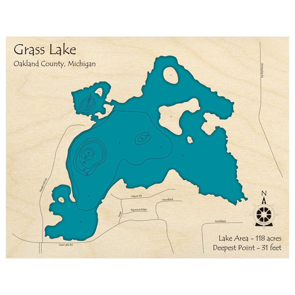 Bathymetric topo map of Grass Lake, MI with roads, towns and depths noted in blue water.
