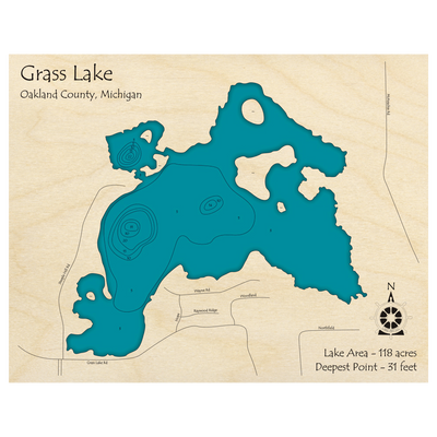 Bathymetric topo map of Grass Lake, MI with roads, towns and depths noted in blue water.