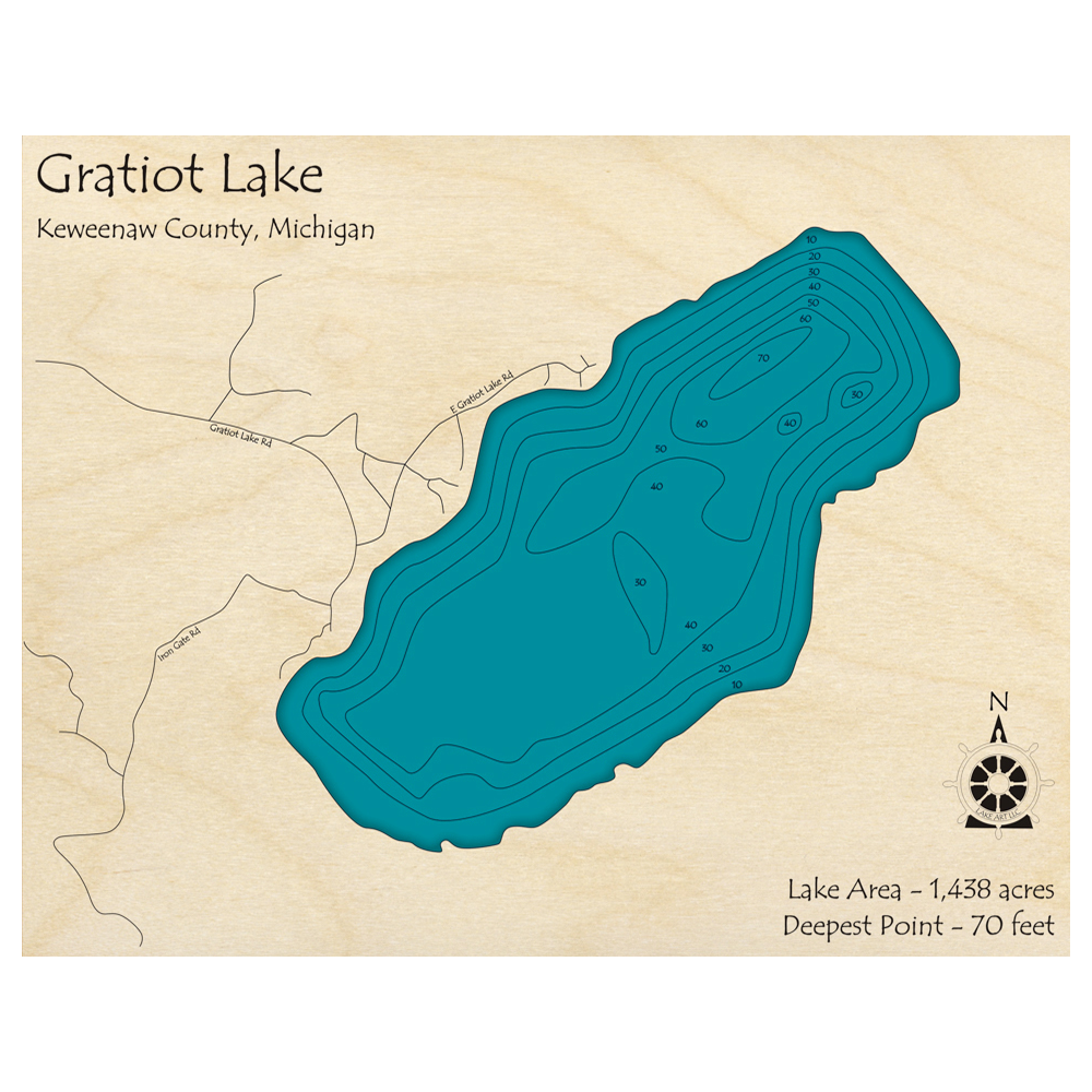 Bathymetric topo map of Gratiot Lake, MI with roads, towns and depths noted in blue water.