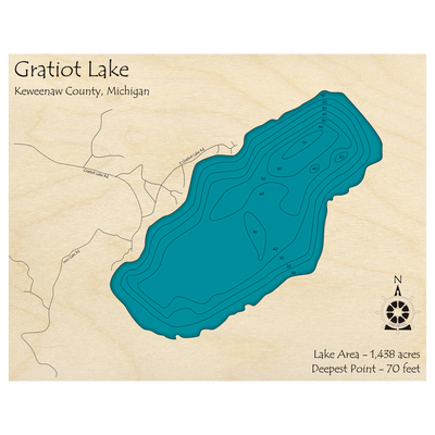 Bathymetric topo map of Gratiot Lake, MI with roads, towns and depths noted in blue water.