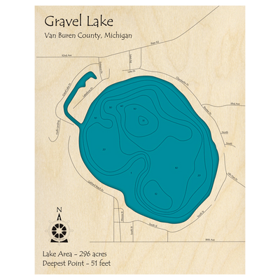 Bathymetric topo map of Gravel Lake, MI with roads, towns and depths noted in blue water.