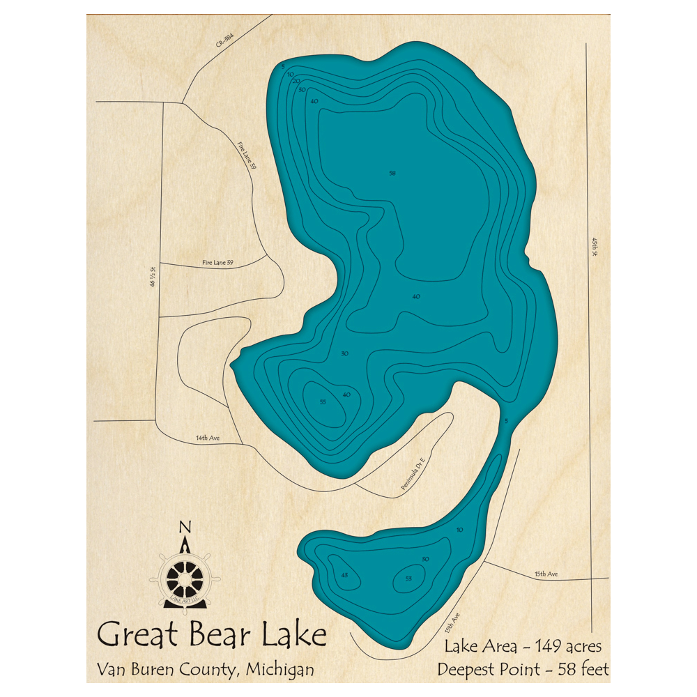 Bathymetric topo map of Great Bear Lake, MI with roads, towns and depths noted in blue water.