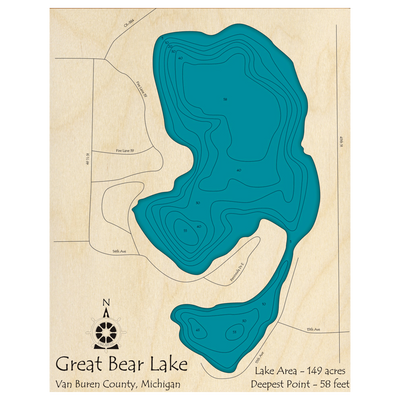 Bathymetric topo map of Great Bear Lake, MI with roads, towns and depths noted in blue water.