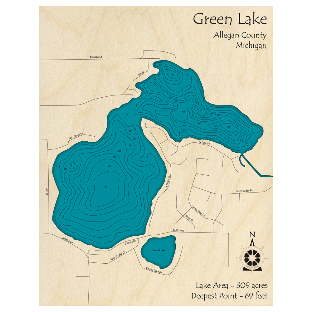 Bathymetric topo map of Green Lake, MI with roads, towns and depths noted in blue water.