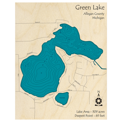 Bathymetric topo map of Green Lake, MI with roads, towns and depths noted in blue water.