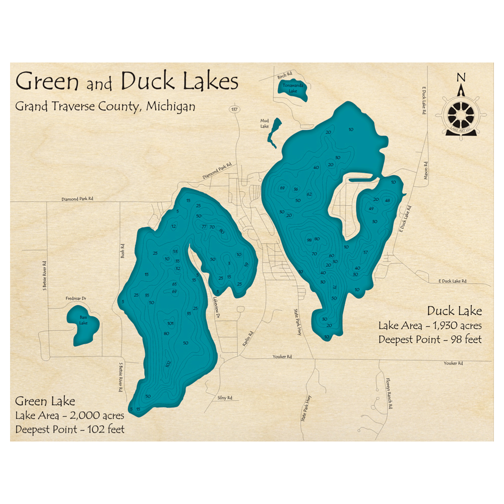 Bathymetric topo map of Green Lake, MI with roads, towns and depths noted in blue water.