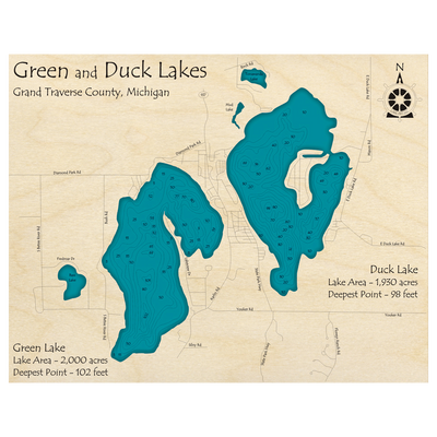Bathymetric topo map of Green Lake, MI with roads, towns and depths noted in blue water.