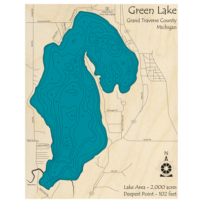 Bathymetric topo map of Green Lake, MI with roads, towns and depths noted in blue water.