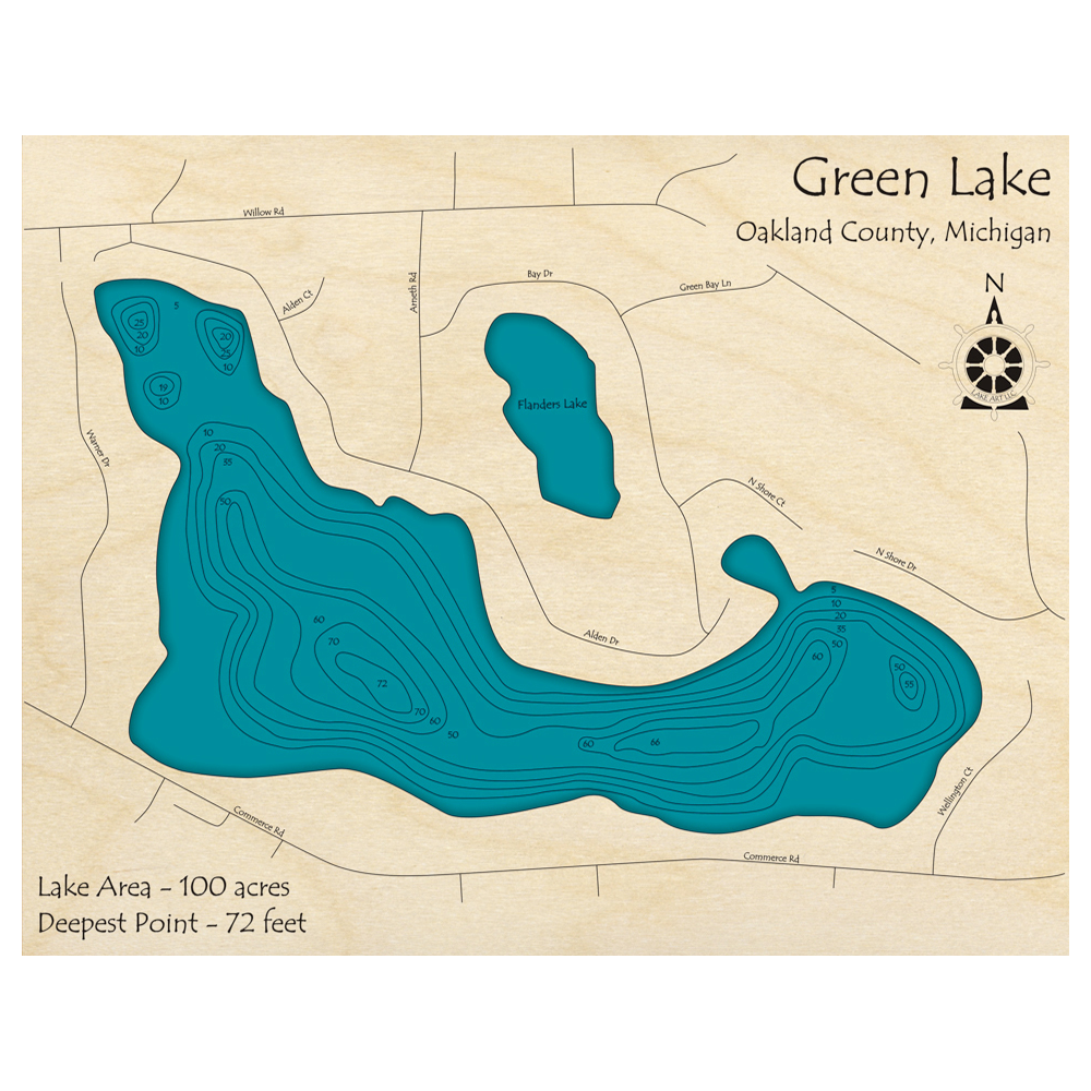 Bathymetric topo map of Green Lake, MI with roads, towns and depths noted in blue water.