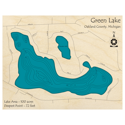 Bathymetric topo map of Green Lake, MI with roads, towns and depths noted in blue water.