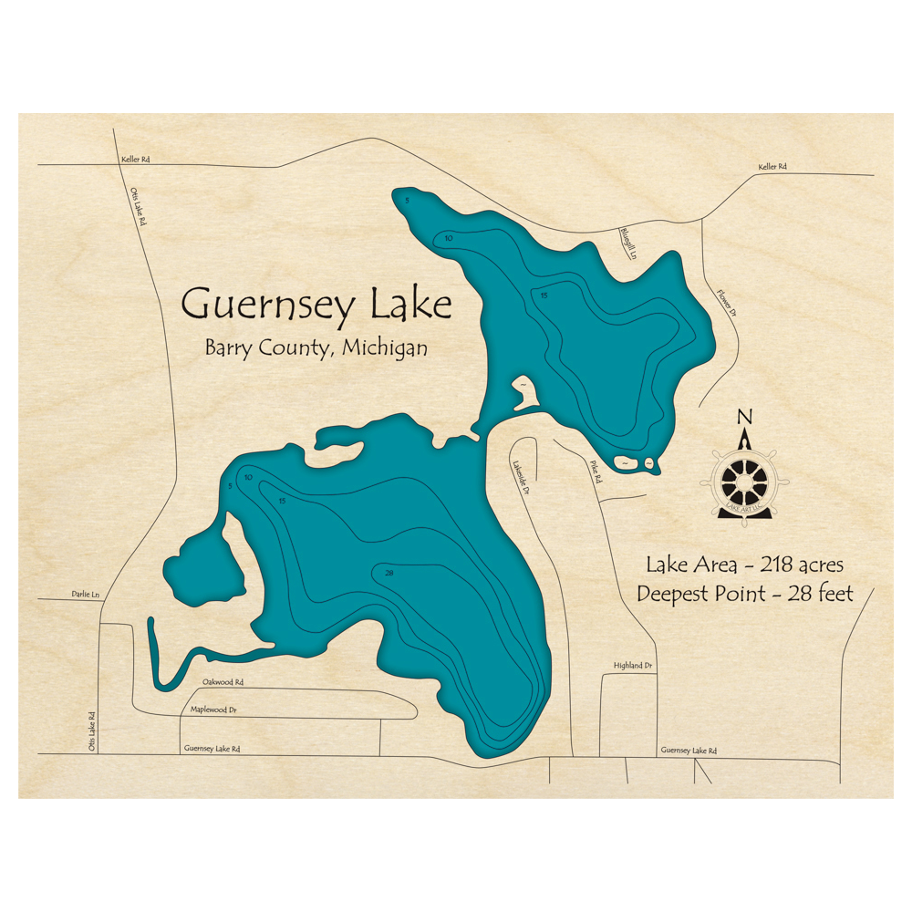 Bathymetric topo map of Guernsey Lake, MI with roads, towns and depths noted in blue water.