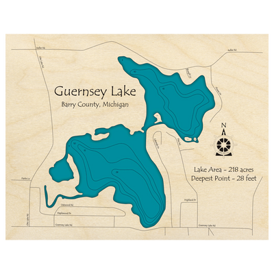 Bathymetric topo map of Guernsey Lake, MI with roads, towns and depths noted in blue water.