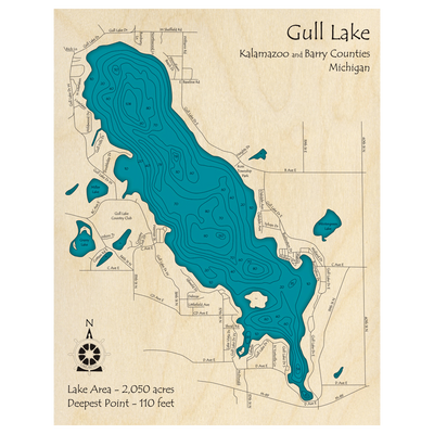 Bathymetric topo map of Gull Lake, MI with roads, towns and depths noted in blue water.