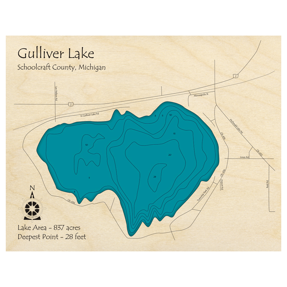 Bathymetric topo map of Gulliver Lake, MI with roads, towns and depths noted in blue water.