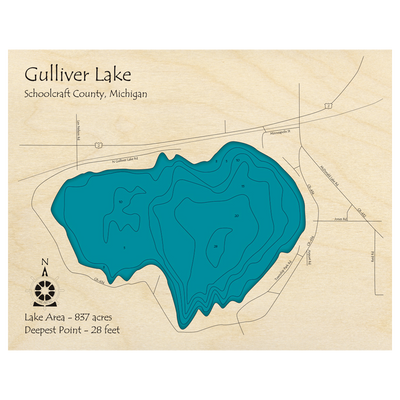 Bathymetric topo map of Gulliver Lake, MI with roads, towns and depths noted in blue water.