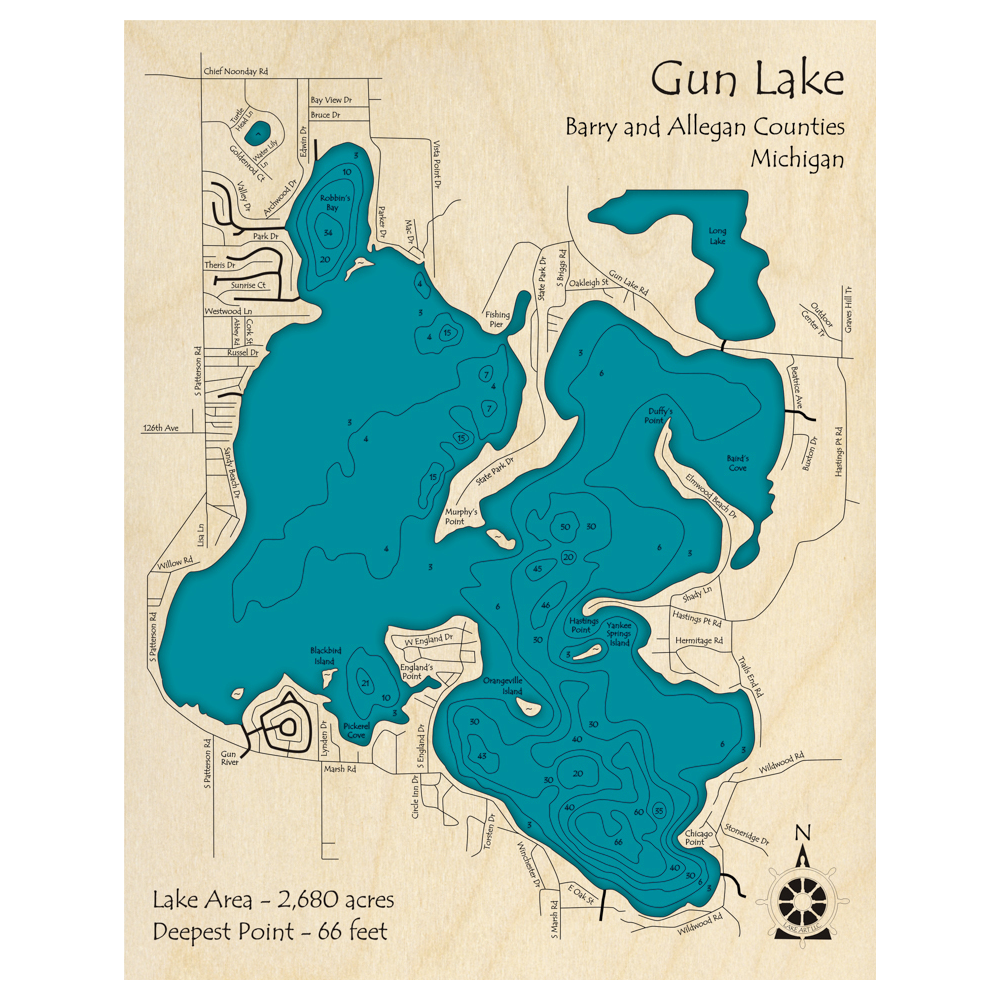 Bathymetric topo map of Gun Lake, MI with roads, towns and depths noted in blue water.