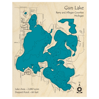 Bathymetric topo map of Gun Lake, MI with roads, towns and depths noted in blue water.