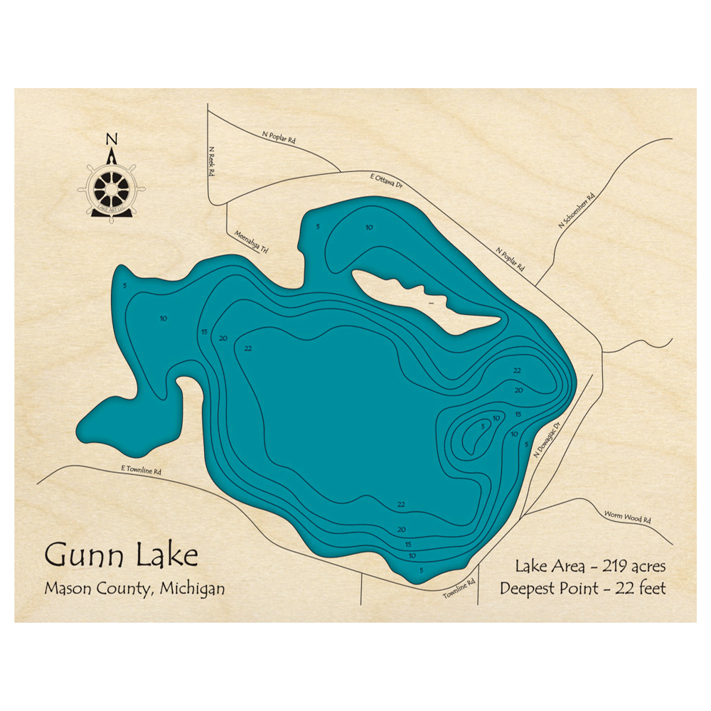 Bathymetric topo map of Gunn Lake, MI with roads, towns and depths noted in blue water.