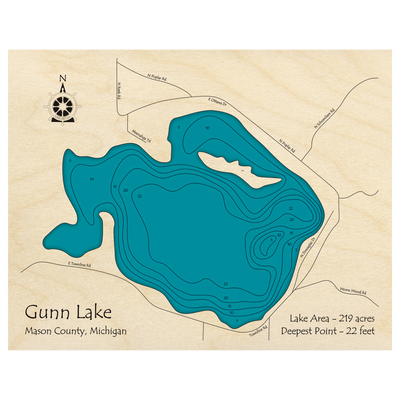 Bathymetric topo map of Gunn Lake, MI with roads, towns and depths noted in blue water.