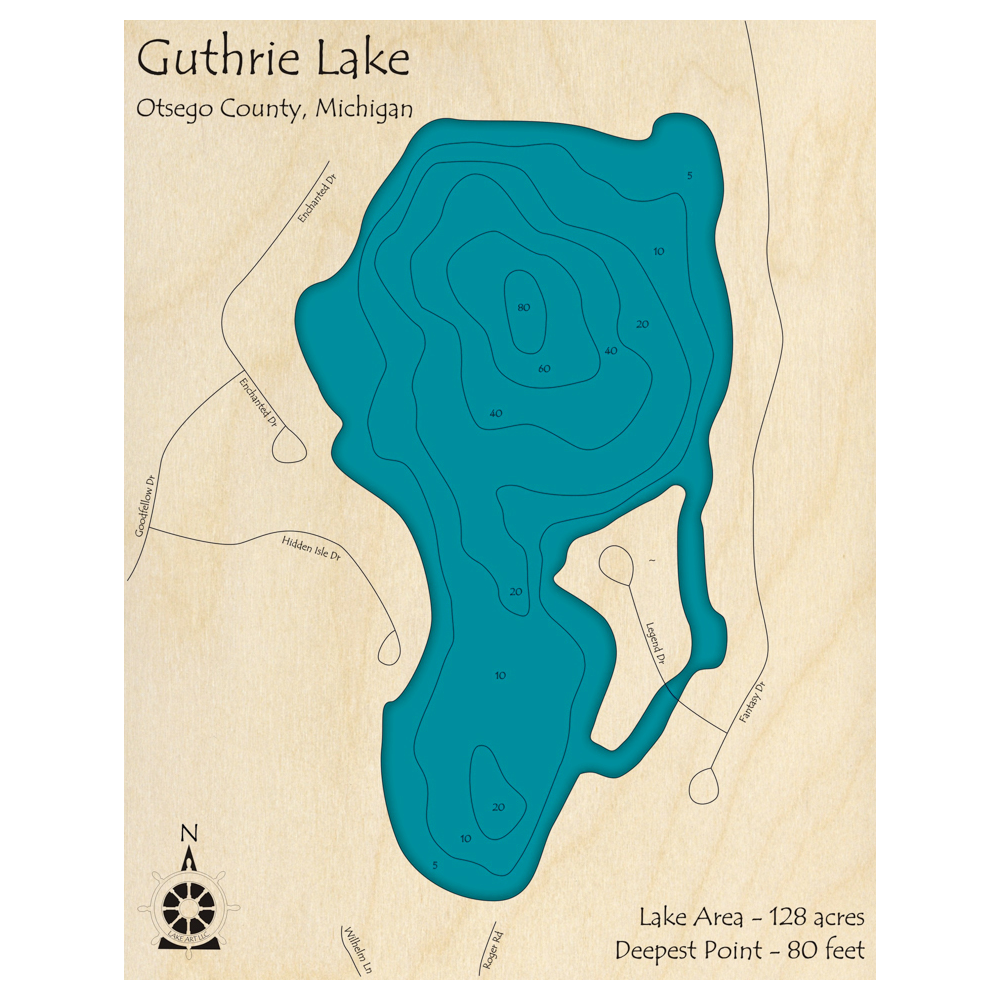 Bathymetric topo map of Guthrie Lake, MI with roads, towns and depths noted in blue water.