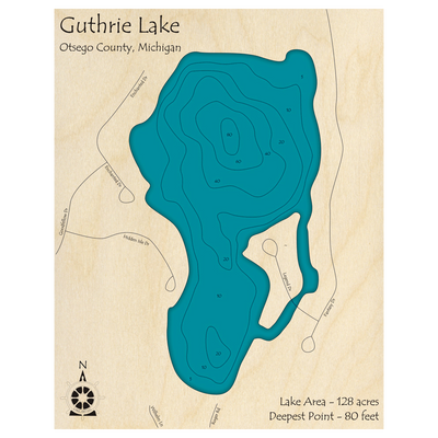 Bathymetric topo map of Guthrie Lake, MI with roads, towns and depths noted in blue water.