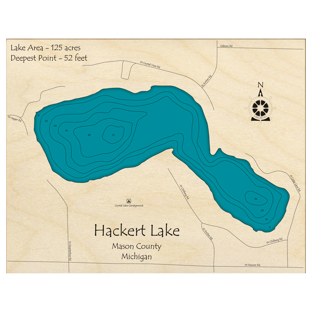 Bathymetric topo map of Hackert Lake, MI with roads, towns and depths noted in blue water.