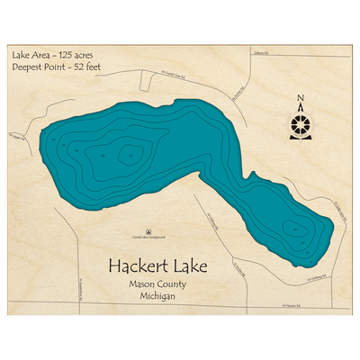 Bathymetric topo map of Hackert Lake, MI with roads, towns and depths noted in blue water.