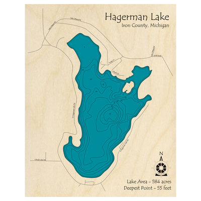 Bathymetric topo map of Hagerman Lake, MI with roads, towns and depths noted in blue water.