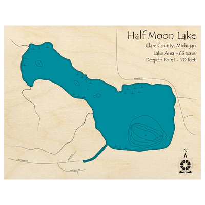 Bathymetric topo map of Half Moon Lake, MI with roads, towns and depths noted in blue water.