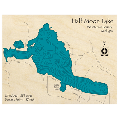 Bathymetric topo map of Half Moon Lake, MI with roads, towns and depths noted in blue water.