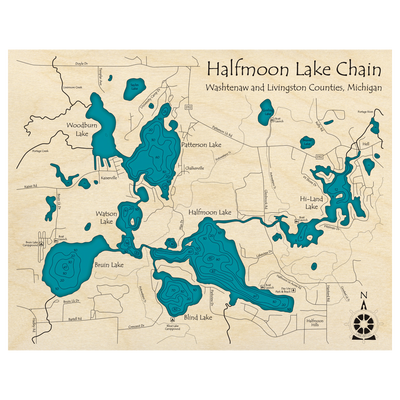 Bathymetric topo map of Halfmoon Lake Chain, MI with roads, towns and depths noted in blue water.