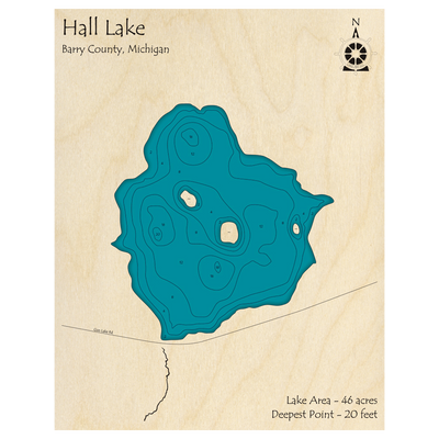 Bathymetric topo map of Hall Lake, MI with roads, towns and depths noted in blue water.