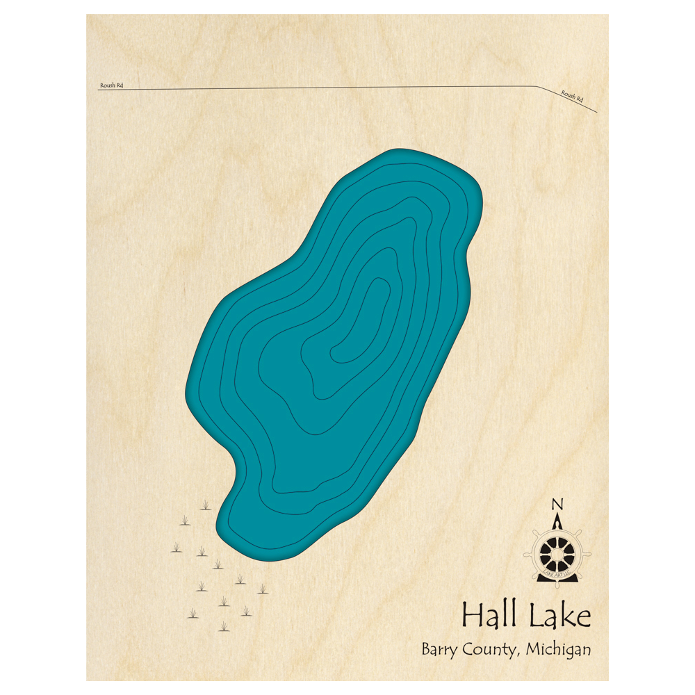 Bathymetric topo map of Hall Lake, MI with roads, towns and depths noted in blue water.