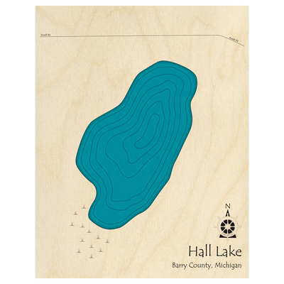 Bathymetric topo map of Hall Lake, MI with roads, towns and depths noted in blue water.